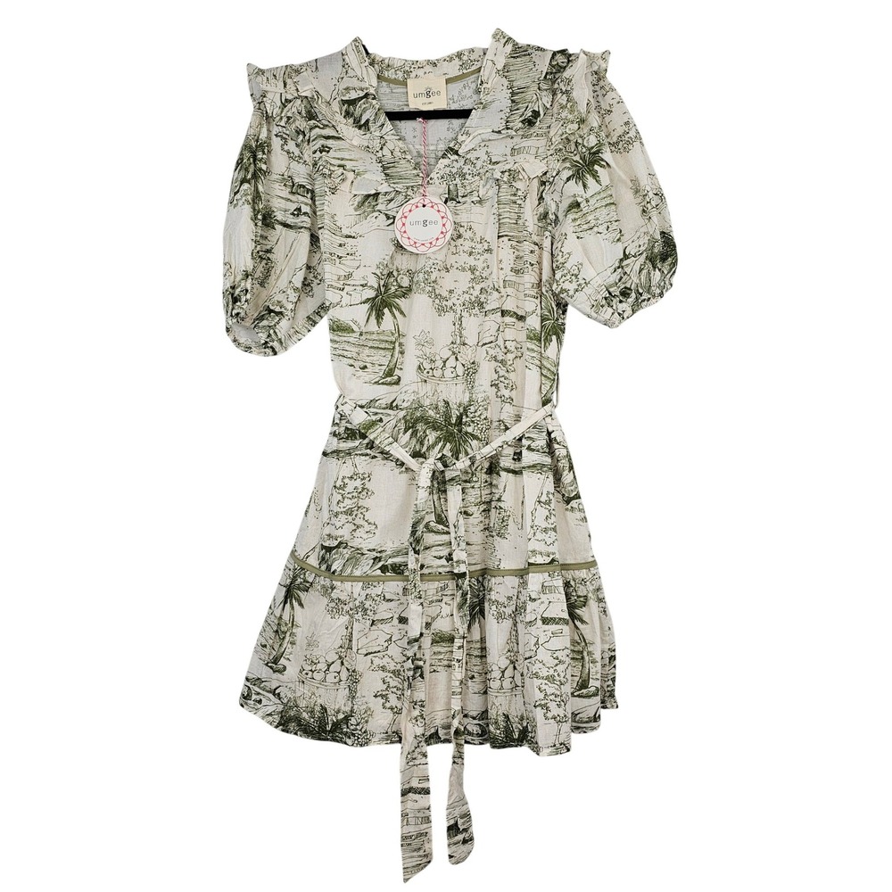 Umgee Olive Green Toile de Jouy Ruffle Puff Sleeve Mini Dress Women's Medium